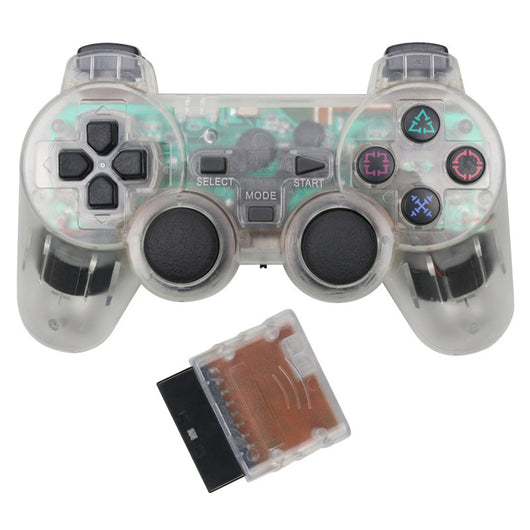 Orange transparent wireless game controller for PS2 with black buttons and a matching orange receiver. - Image 3