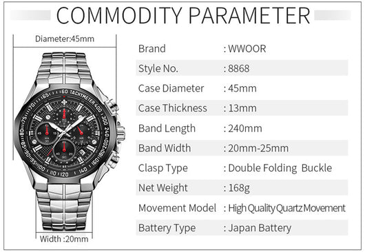 Reloj Cronógrafo de Acero Inoxidable WWOOR para Hombre - Multifunción Resistente al Agua - Image 13