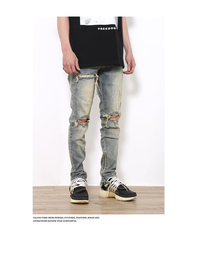 Pantalones Vaqueros Rotos Slim Fit Ajustados Street Wear Lavado Fog - Image 11