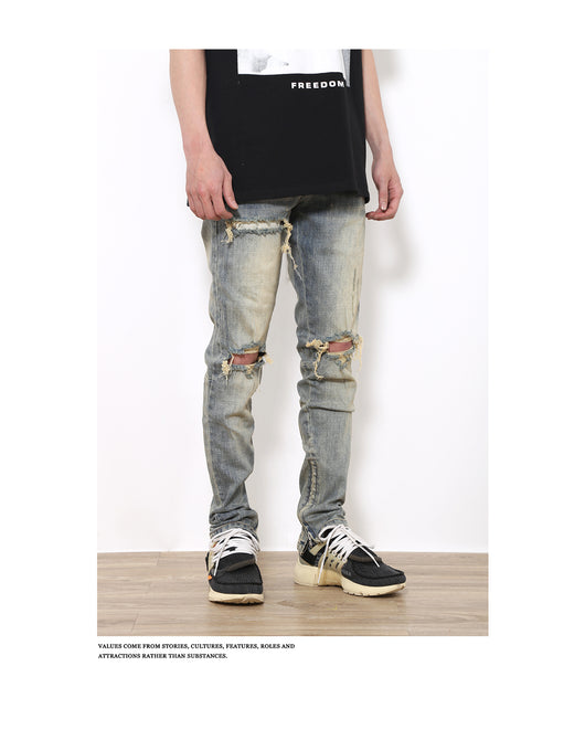 Pantalones Vaqueros Rotos Slim Fit Ajustados Street Wear Lavado Fog - Image 11