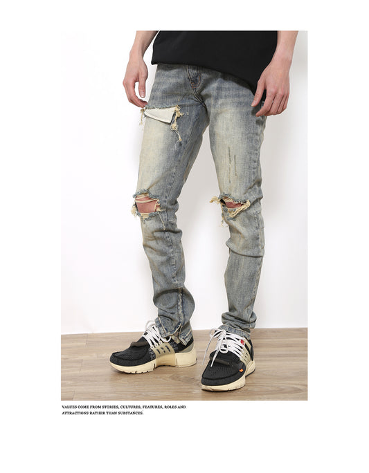 Pantalones Vaqueros Rotos Slim Fit Ajustados Street Wear Lavado Fog - Image 2