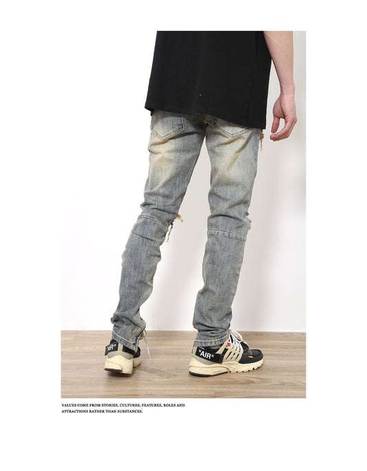 Pantalones Vaqueros Rotos Slim Fit Ajustados Street Wear Lavado Fog