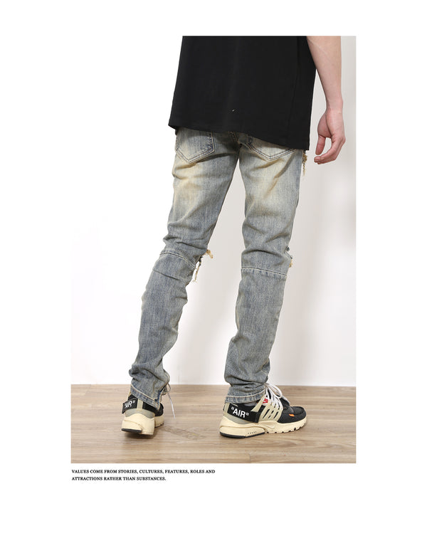Pantalones Vaqueros Rotos Slim Fit Ajustados Street Wear Lavado Fog