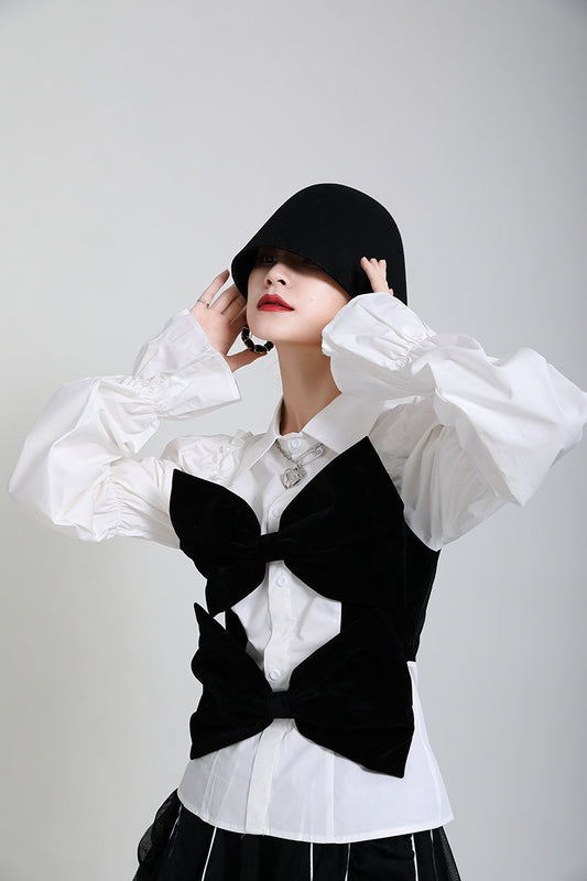 Blusa Primavera Verano con Cuello de Terciopelo y Mangas Abullonadas - Diseño Rejuvenecedor para Mujer