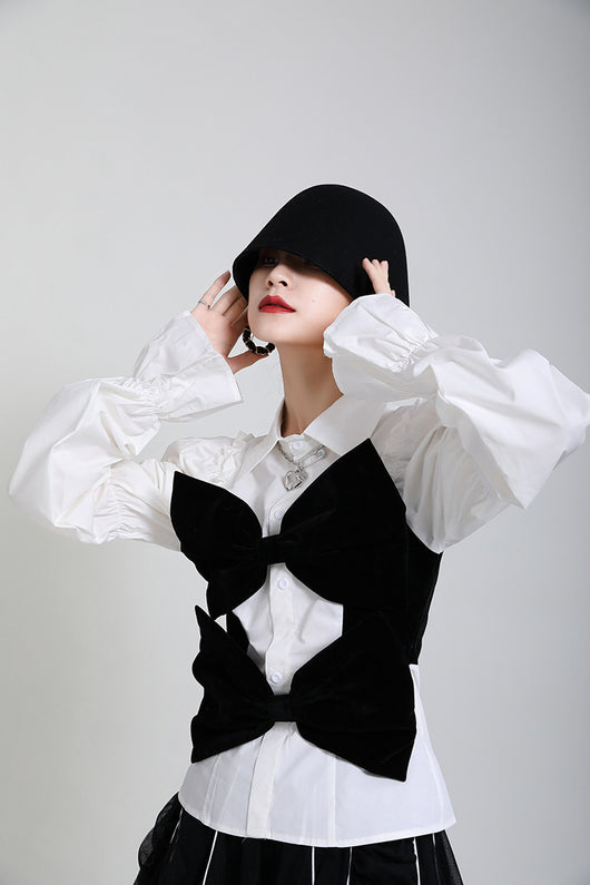 Blusa Primavera Verano con Cuello de Terciopelo y Mangas Abullonadas - Diseño Rejuvenecedor para Mujer