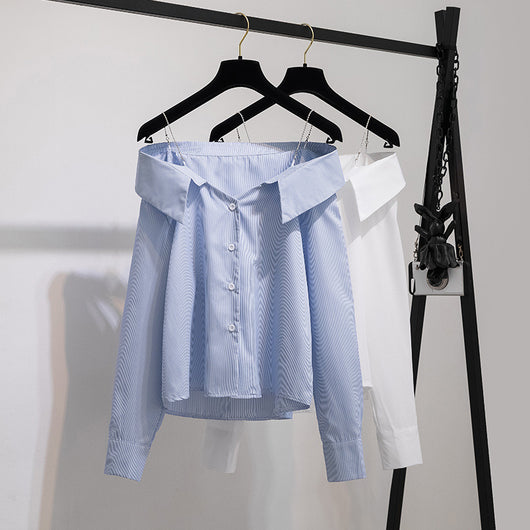 Conjunto Elegante Blusa Rayada Hombro Descubierto y Culotes Cintura Alta Estilo Hong Kong - Image 9