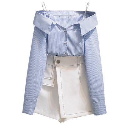 Conjunto Elegante Blusa Rayada Hombro Descubierto y Culotes Cintura Alta Estilo Hong Kong - Image 11