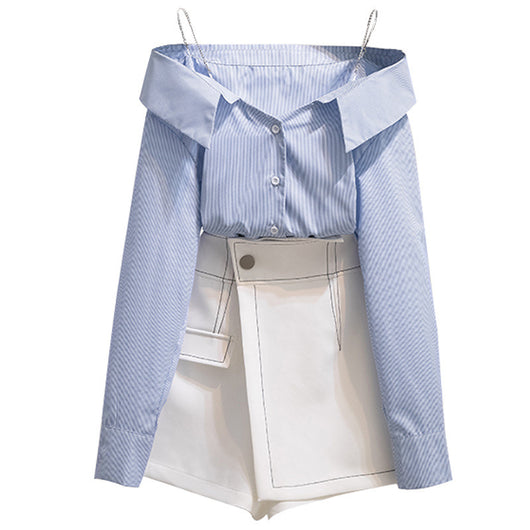 Conjunto Elegante Blusa Rayada Hombro Descubierto y Culotes Cintura Alta Estilo Hong Kong - Image 11