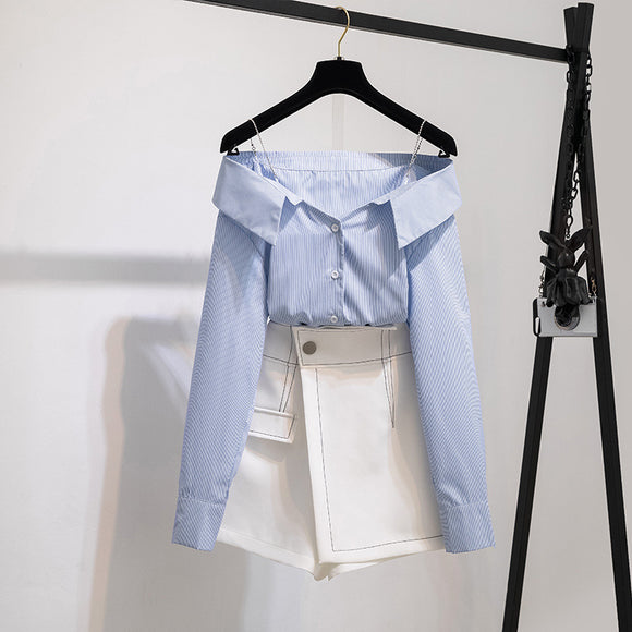 Elegant Set: Striped Off-the-Shoulder Blouse and High-Waisted Culottes, Hong Kong Style