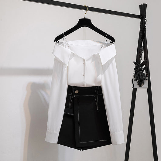 Conjunto Elegante Blusa Rayada Hombro Descubierto y Culotes Cintura Alta Estilo Hong Kong