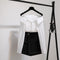Elegant Set: Striped Off-the-Shoulder Blouse and High-Waisted Culottes, Hong Kong Style
