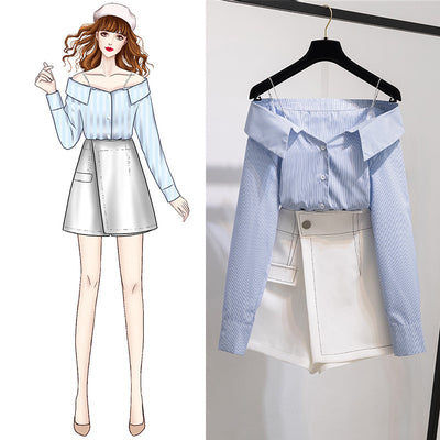Conjunto Elegante Blusa Rayada Hombro Descubierto y Culotes Cintura Alta Estilo Hong Kong - Image 6