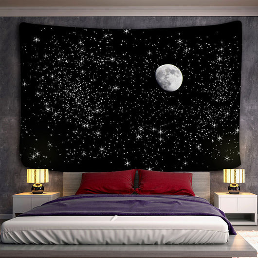 Abstract tapestry with three sun and moon faces in vibrant yellow, orange, and purple hues on a black background. - Image 3