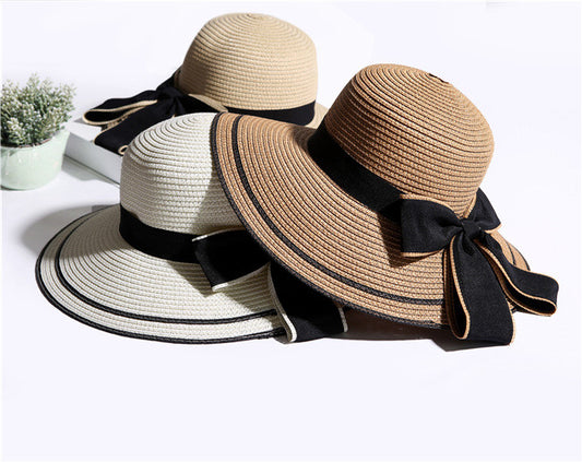 Sombrero de Playa Plegable con Lazo Negro - Ala Ancha Panama Mujer