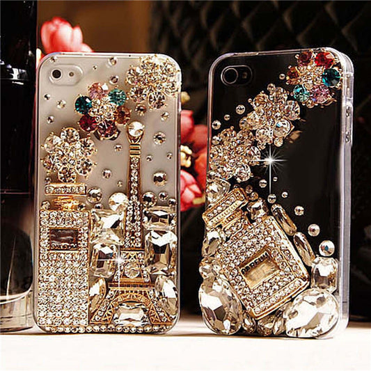 Funda iPhone Transparente con Diseño Botella de Perfume y Cristales Brillantes