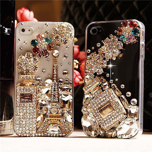 Funda iPhone Transparente con Diseño Botella de Perfume y Cristales Brillantes