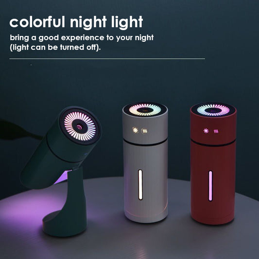 Teal cylindrical USB charging humidifier with a ribbed texture, black water level indicator, and two control buttons.