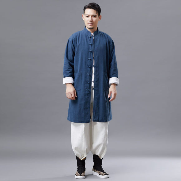 Jaqueta Corta-Vento Masculina Longa Gola Alta Algodão e Linho