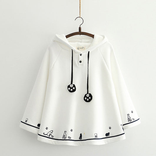 Capa Abrigo Estilo Soft Girl con Bordado de Gato - Manga Murciélago Terciopelo Invierno - Image 6