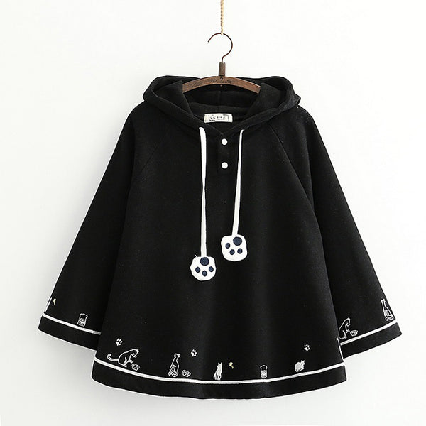 Capa Abrigo Estilo Soft Girl con Bordado de Gato - Manga Murciélago Terciopelo Invierno