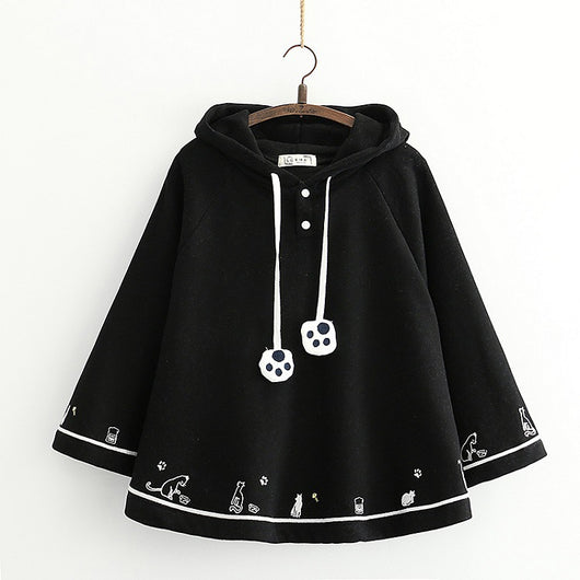 Capa Abrigo Estilo Soft Girl con Bordado de Gato - Manga Murciélago Terciopelo Invierno - Image 2