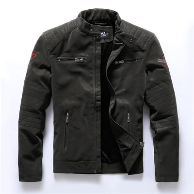 Chaqueta de Cuero Gamuza Motociclista con Bordados y Lavado Artesanal