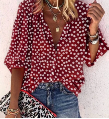 Blusa Estampada de Manga Larga con Cuello en V y Botones para Mujer