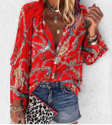 Blusa Estampada de Manga Larga con Cuello en V y Botones para Mujer - Image 3