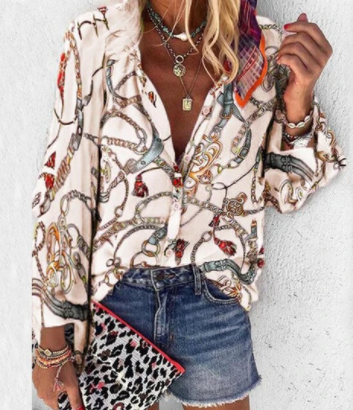 Blusa Estampada de Manga Larga con Cuello en V y Botones para Mujer - Image 4