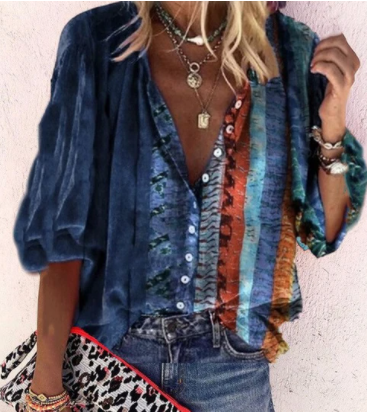 Blusa Estampada de Manga Larga con Cuello en V y Botones para Mujer - Image 6