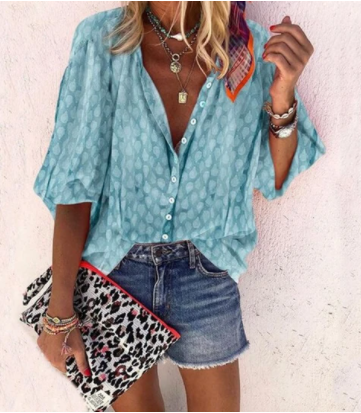 Blusa Estampada de Manga Larga con Cuello en V y Botones para Mujer - Image 5