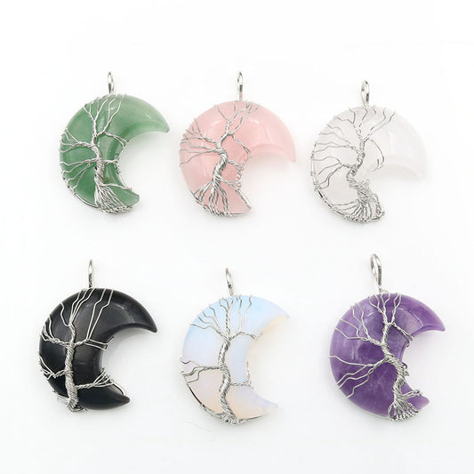 Collar Artesanal con Cristal Natural, Árbol de la Vida y Luna