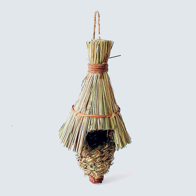 Hand-knitted straw bird's nest with a dome shape and small entrance, hanging by a twine loop. - Image 8