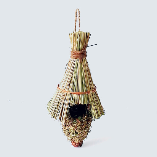 Hand-knitted straw bird's nest with a dome shape and small entrance, hanging by a twine loop. - Image 8