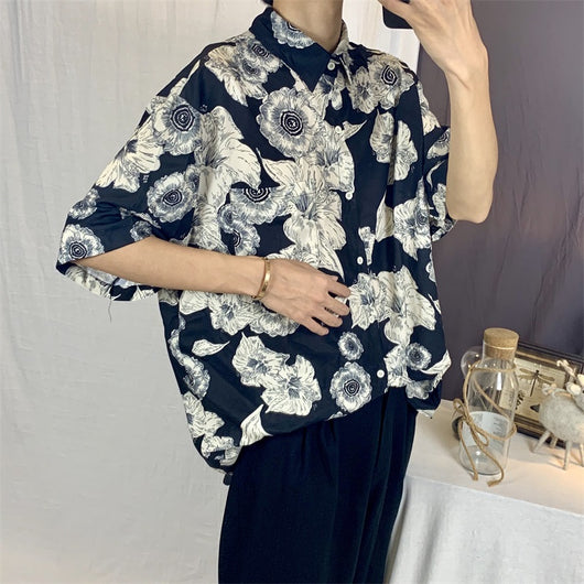 Camisa Floral Suelta Estilo Coreano Retro Hong Kong para Hombre y Pareja - Image 8
