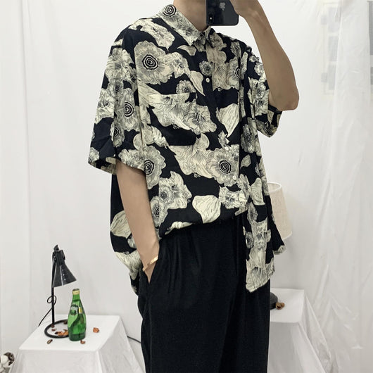 Camisa Floral Suelta Estilo Coreano Retro Hong Kong para Hombre y Pareja - Image 13