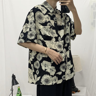 Camisa Floral Suelta Estilo Coreano Retro Hong Kong para Hombre y Pareja