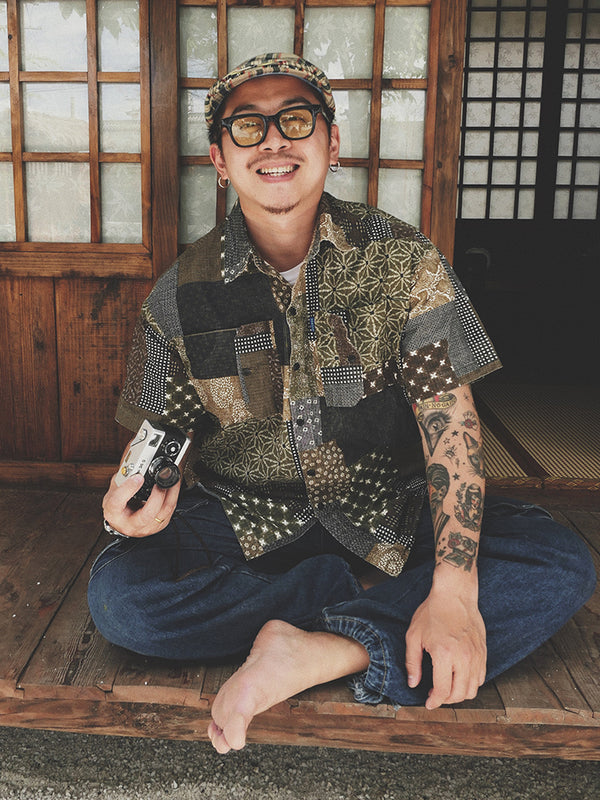 Camisa Japonesa de Algodón Verde Café - Diseño Floral Anacardo Unisex