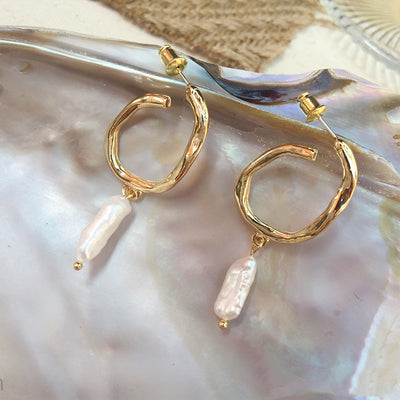 Aretes de Perla Geométrica Irregular Dorado Mate - Tendencia Moderna - Image 9