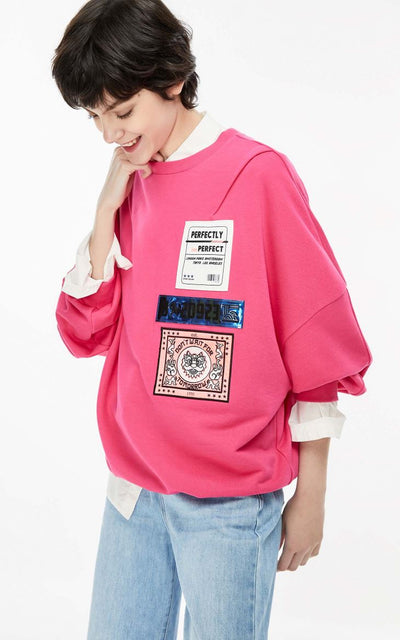 Sudadera Suelta con Cuello Redondo y Estampado de Parches para Mujer - Image 3