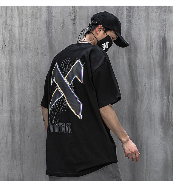 Camiseta Reflectante Estampada Manga Corta Hombre Cuello Redondo Hip-Hop
