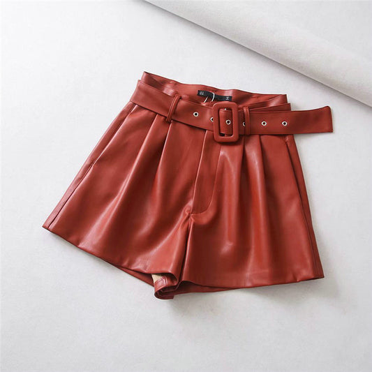 Bermudas y Pantalones de Cuero Sintético Cintura Alta Estilo Europeo