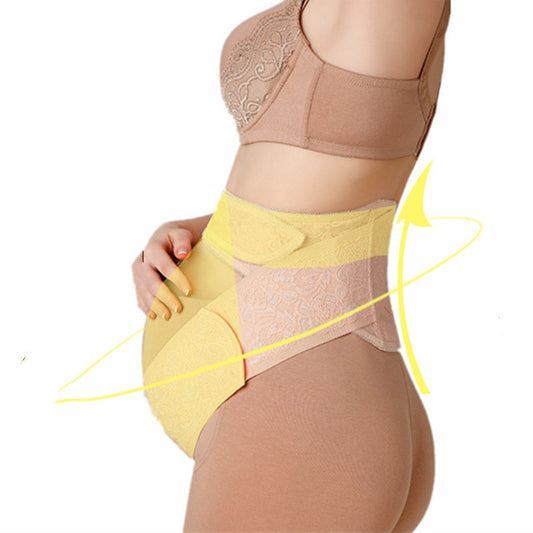 Adjustable prenatal pregnancy belt in skin tone with lace detail, designed for belly support.