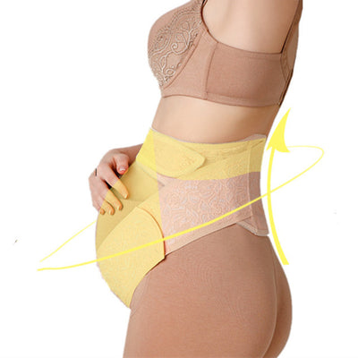 Adjustable prenatal pregnancy belt in skin tone with lace detail, designed for belly support.
