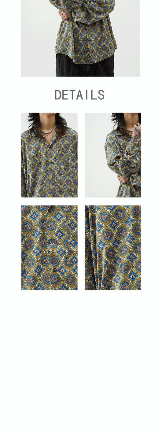 Camisa Manga Larga Cuello Cubano Verde Oscuro Estampado Completo - Image 7