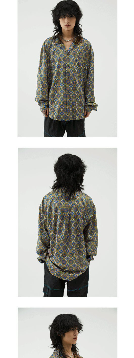 Camisa Manga Larga Cuello Cubano Verde Oscuro Estampado Completo - Image 8
