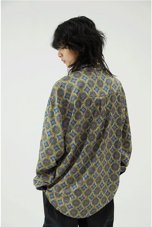 Camisa Manga Larga Cuello Cubano Verde Oscuro Estampado Completo - Image 5