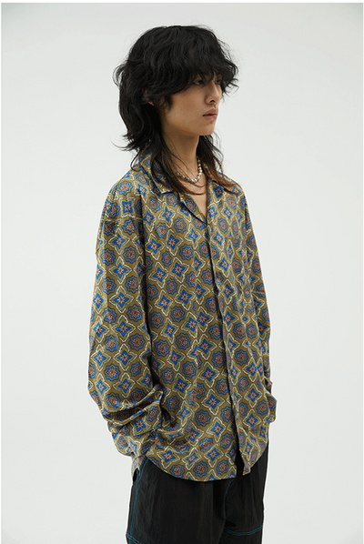 Camisa Manga Larga Cuello Cubano Verde Oscuro Estampado Completo - Image 4