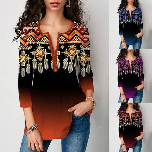 Playera Mujer Cuello V Manga Tres Cuartos con Estampado