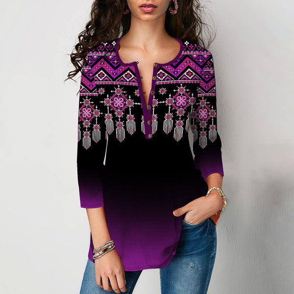 Playera Mujer Cuello V Manga Tres Cuartos con Estampado